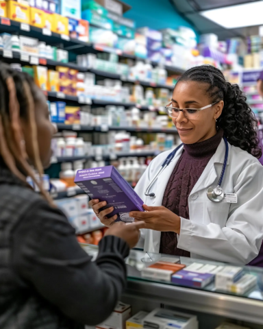 Pharmacist serving a client